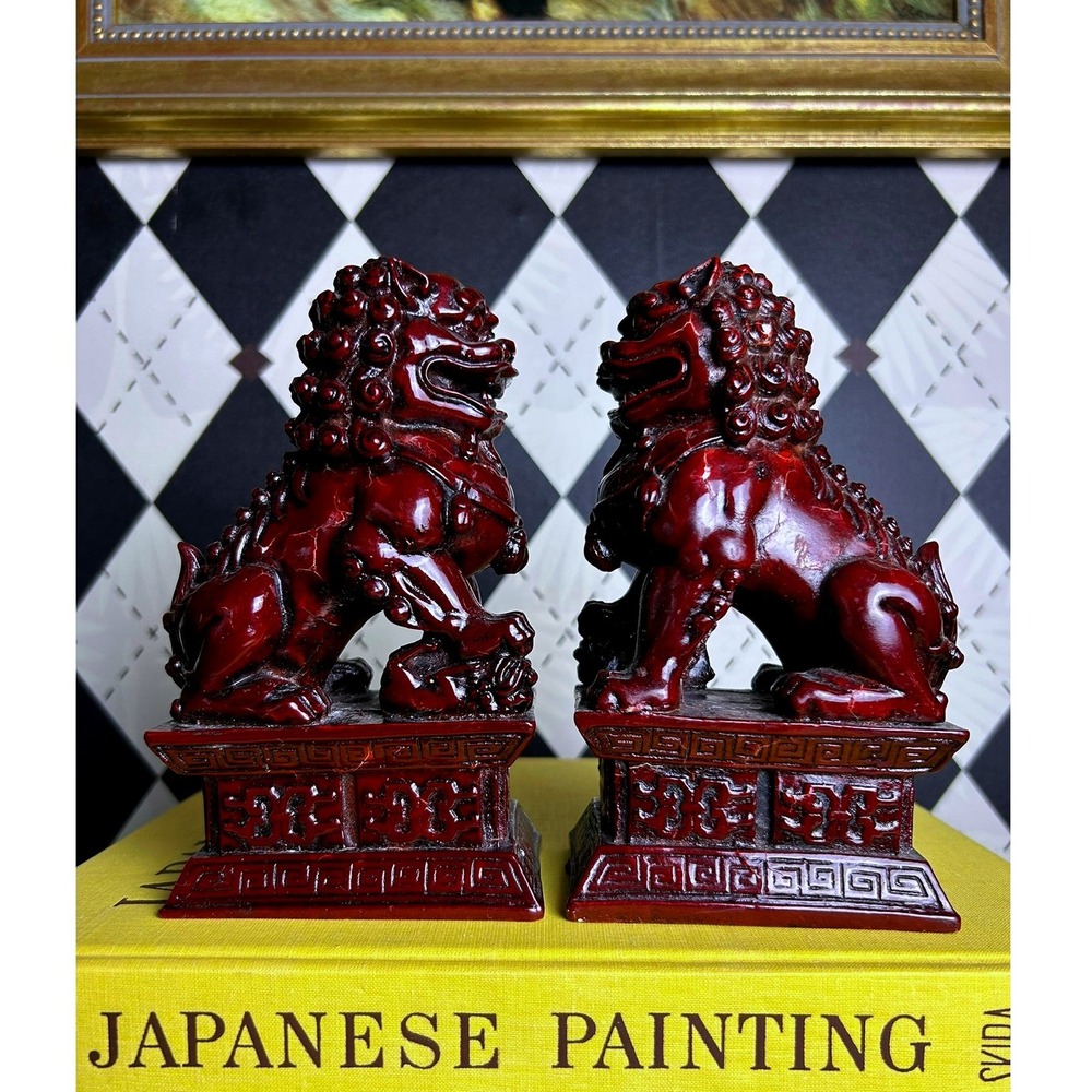 Pair Foo Dogs Oxblood Red Guardian Lion Sculptures Asian Style ChinoiserieDecor